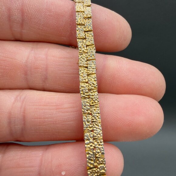 Vintage Gold Tone Textured Nugget Link Necklace Bracelet Set Crystal Accent - Picture 8 of 12